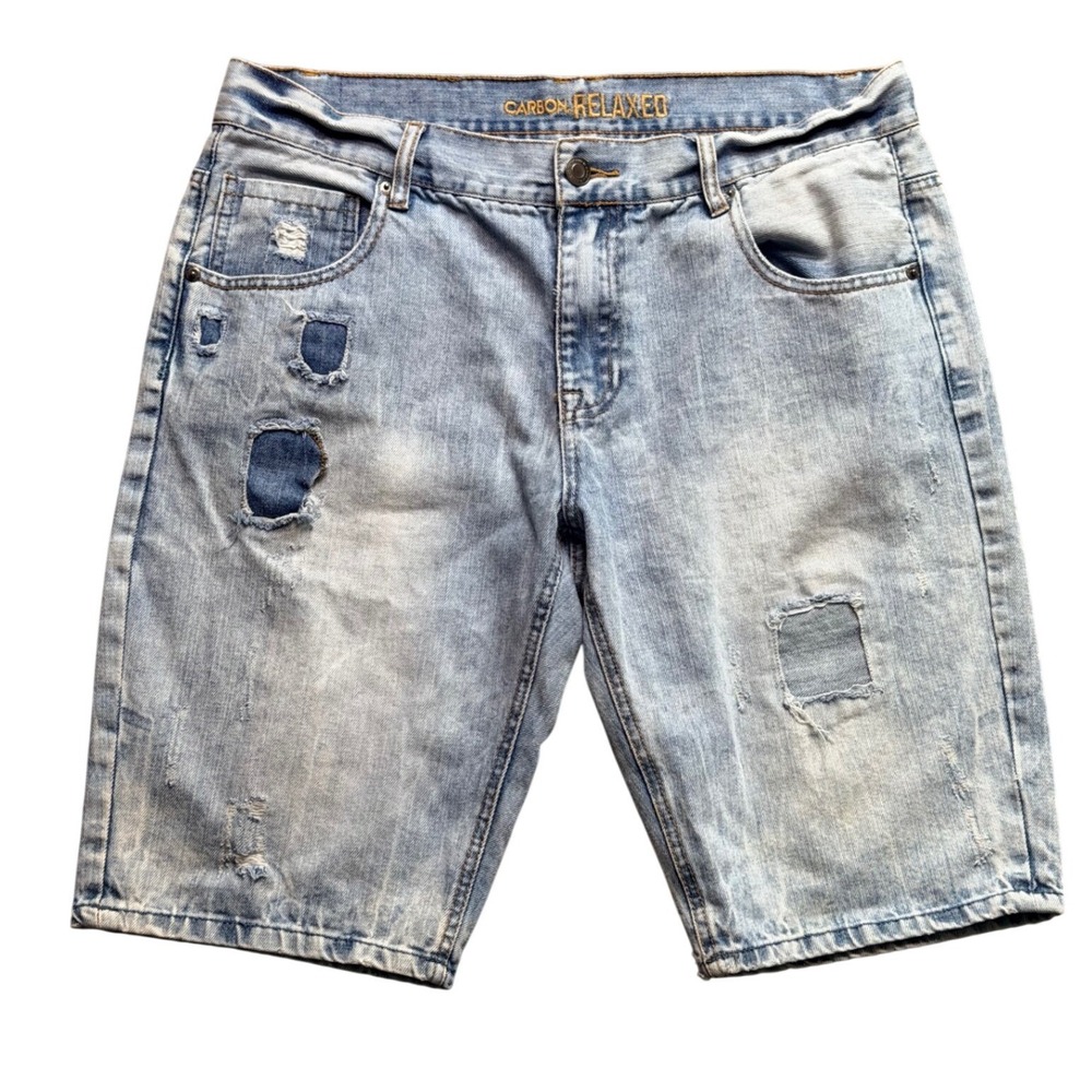 Carbon Denim Shorts Mens 34 Relaxed Light Blue Distressed Patchwork EUC